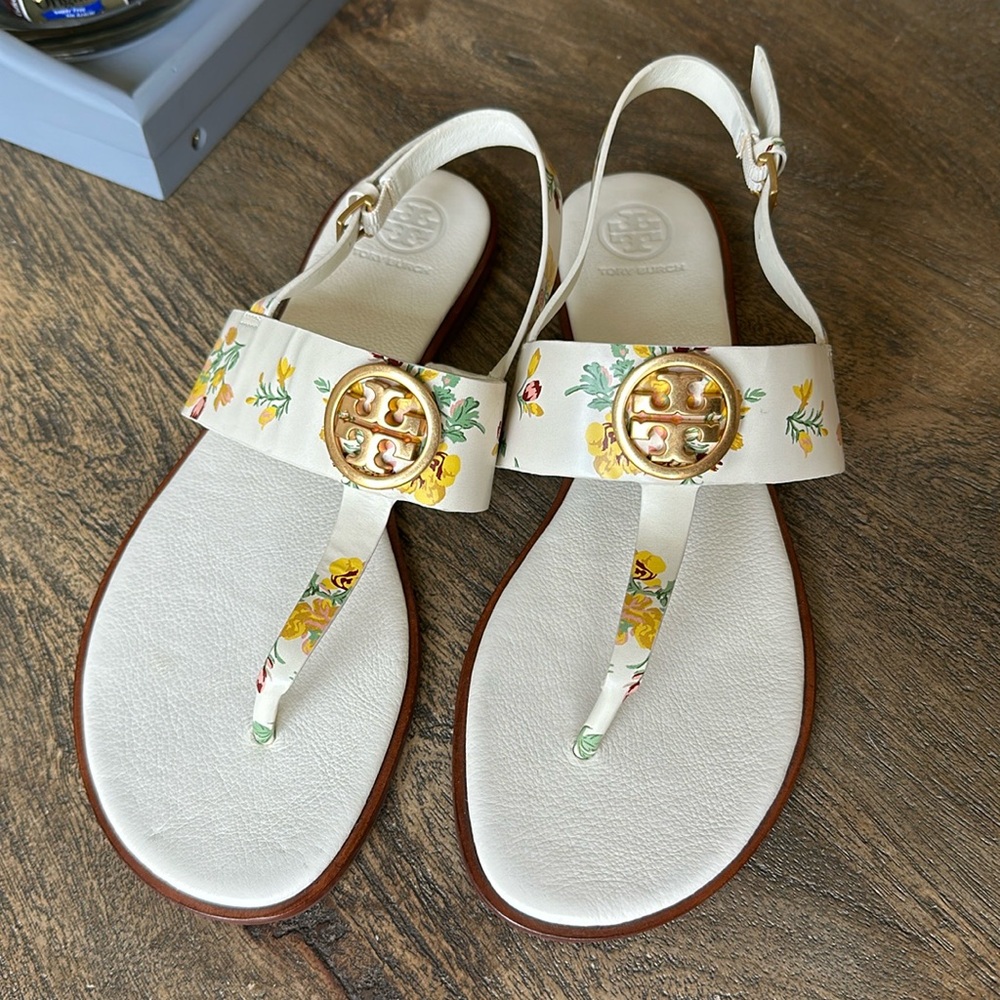 TORY BURCH Benton White Floral Leather Sandals NWOT - Picture 4 of 6